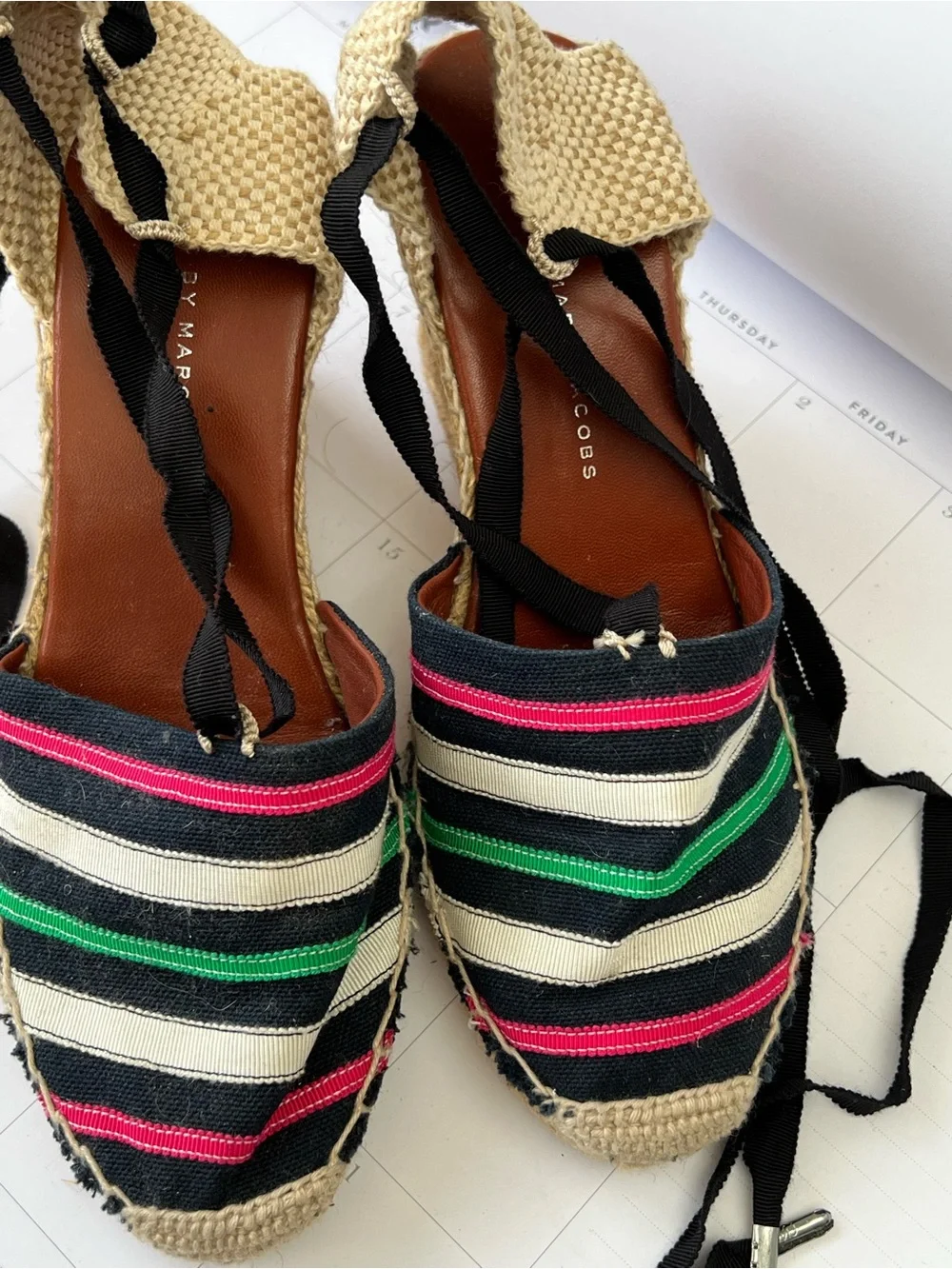Marc Jacobs Black Striped Espadrille Wedges with Pink and Green Stripes